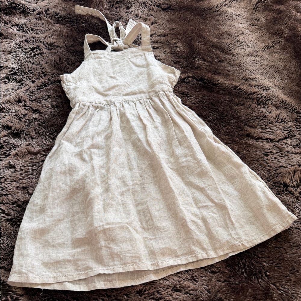 H&M Girls Tan Oatmeal Linen Sundress with Gathered Waist
